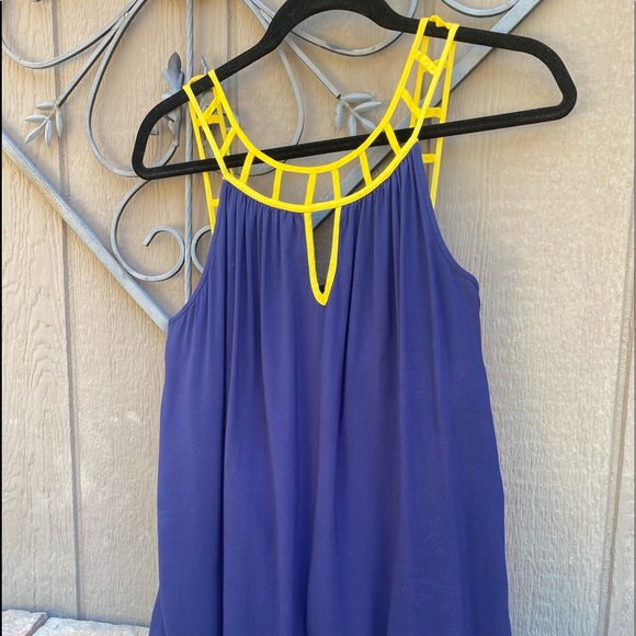 Navy dress with yellow ladder cut out details-pockets!see details for sizing - Picture 3 of 5